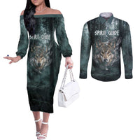 Spirit Guide Wolf Couples Matching Off The Shoulder Long Sleeve Dress and Long Sleeve Button Shirt with Forest Background Tribal Paw Print with Nature Symbols Native American - Wonder Print Shop