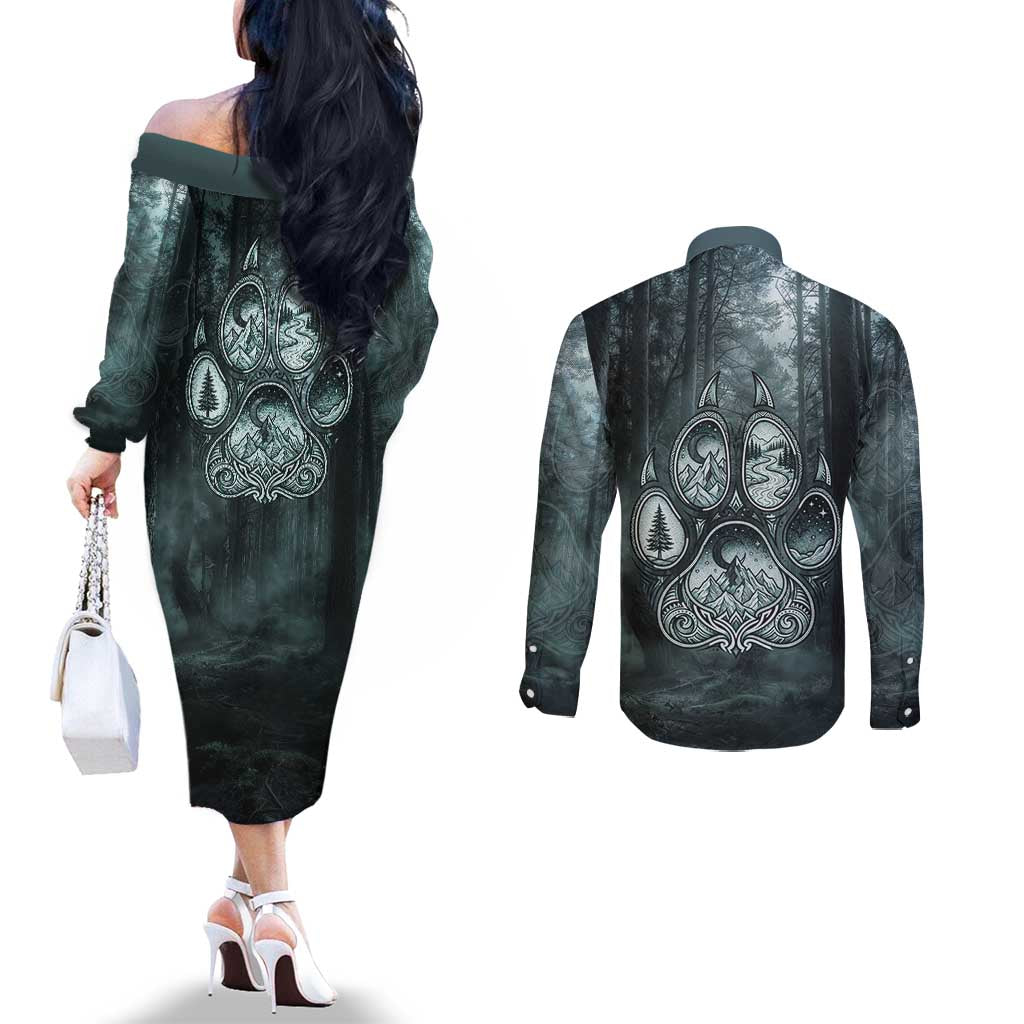 Spirit Guide Wolf Couples Matching Off The Shoulder Long Sleeve Dress and Long Sleeve Button Shirt with Forest Background Tribal Paw Print with Nature Symbols Native American - Wonder Print Shop
