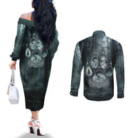 Spirit Guide Wolf Couples Matching Off The Shoulder Long Sleeve Dress and Long Sleeve Button Shirt with Forest Background Tribal Paw Print with Nature Symbols Native American - Wonder Print Shop