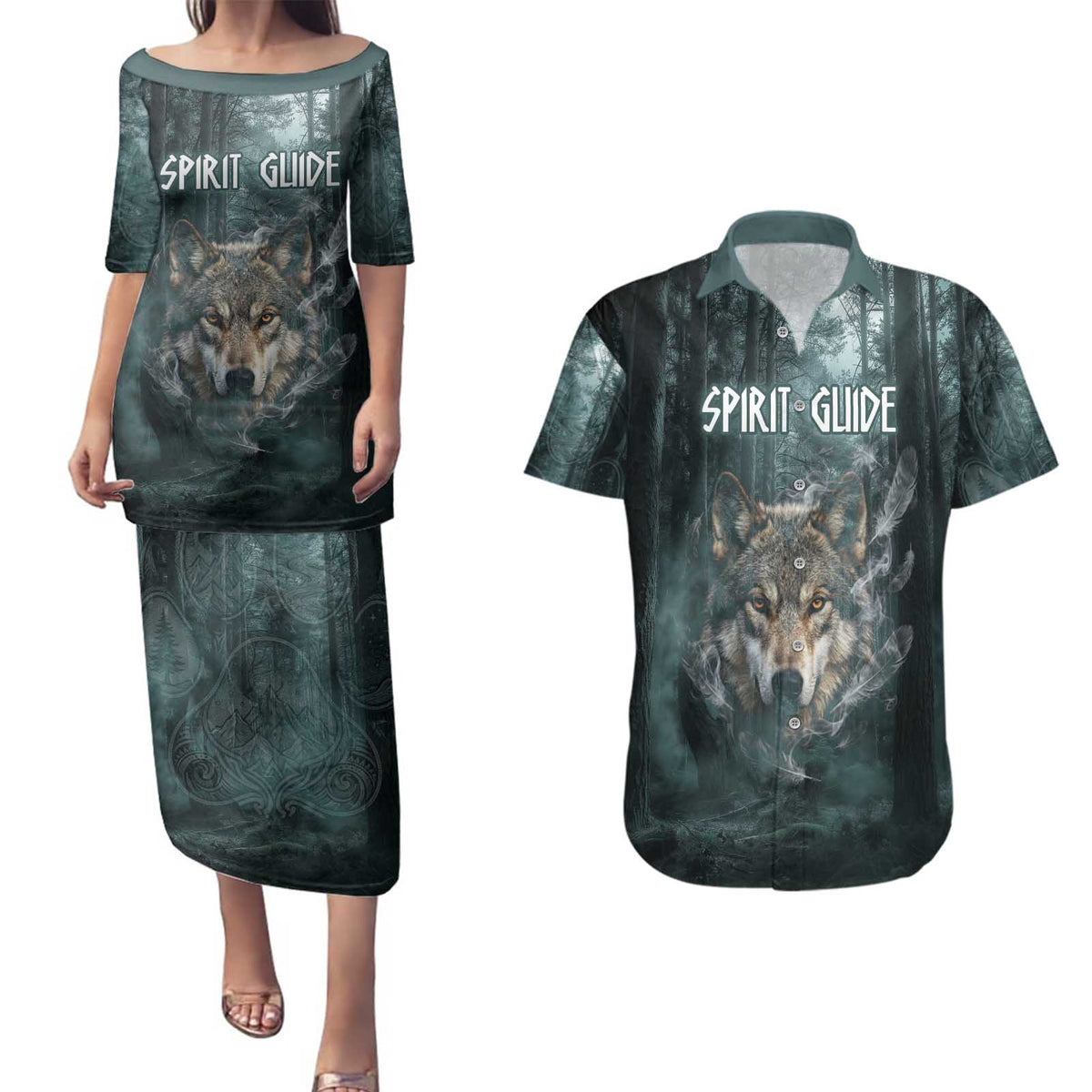 Spirit Guide Wolf Couples Matching Puletasi and Hawaiian Shirt with Forest Background Tribal Paw Print with Nature Symbols Native American - Wonder Print Shop