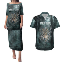 Spirit Guide Wolf Couples Matching Puletasi and Hawaiian Shirt with Forest Background Tribal Paw Print with Nature Symbols Native American - Wonder Print Shop