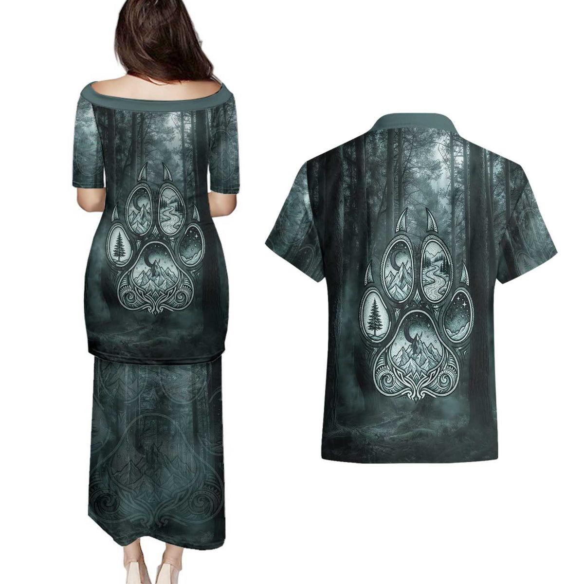 Spirit Guide Wolf Couples Matching Puletasi and Hawaiian Shirt with Forest Background Tribal Paw Print with Nature Symbols Native American - Wonder Print Shop