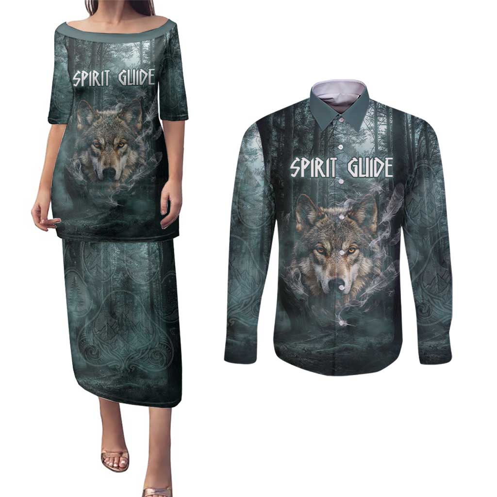 Spirit Guide Wolf Couples Matching Puletasi and Long Sleeve Button Shirt with Forest Background Tribal Paw Print with Nature Symbols Native American - Wonder Print Shop