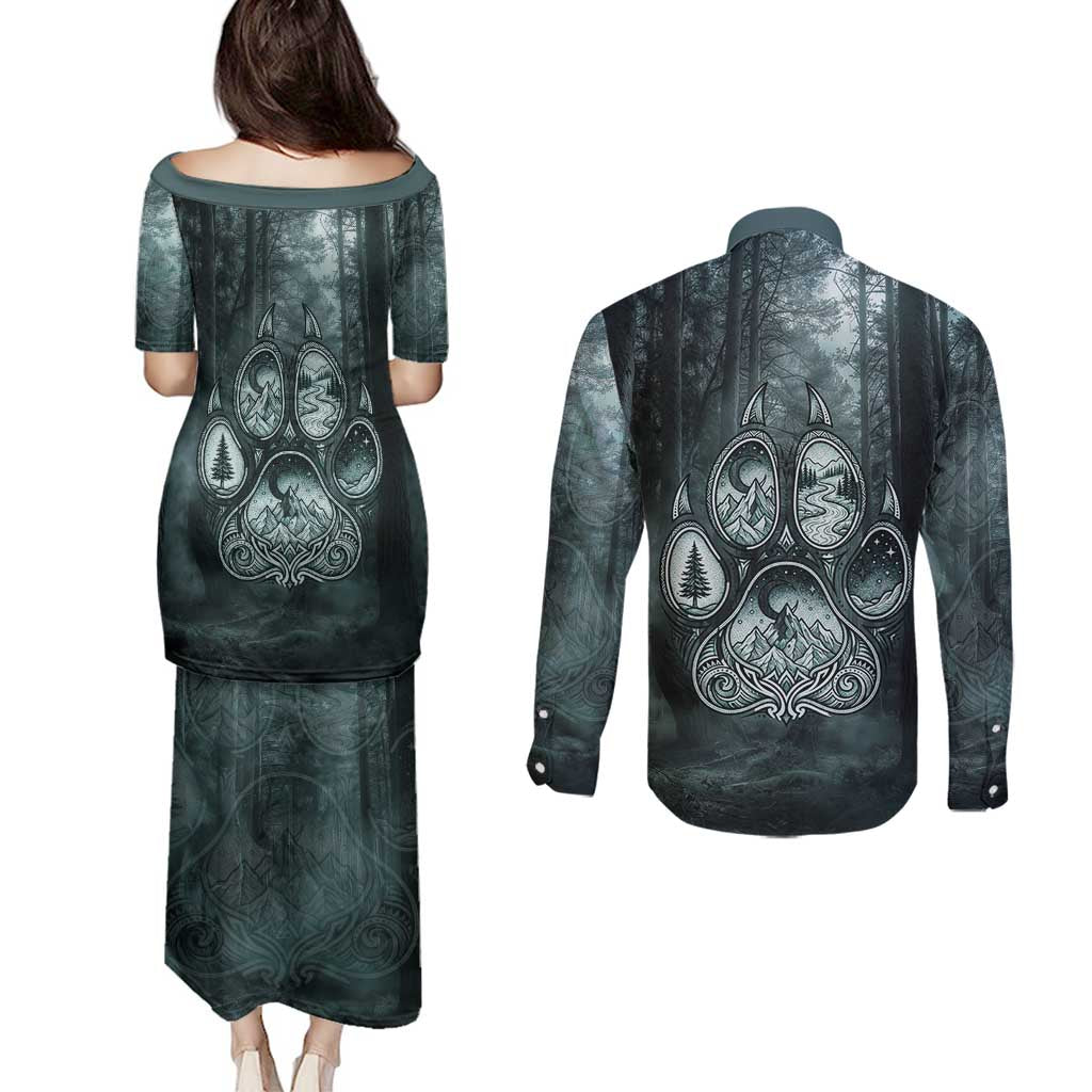 Spirit Guide Wolf Couples Matching Puletasi and Long Sleeve Button Shirt with Forest Background Tribal Paw Print with Nature Symbols Native American - Wonder Print Shop