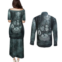 Spirit Guide Wolf Couples Matching Puletasi and Long Sleeve Button Shirt with Forest Background Tribal Paw Print with Nature Symbols Native American - Wonder Print Shop