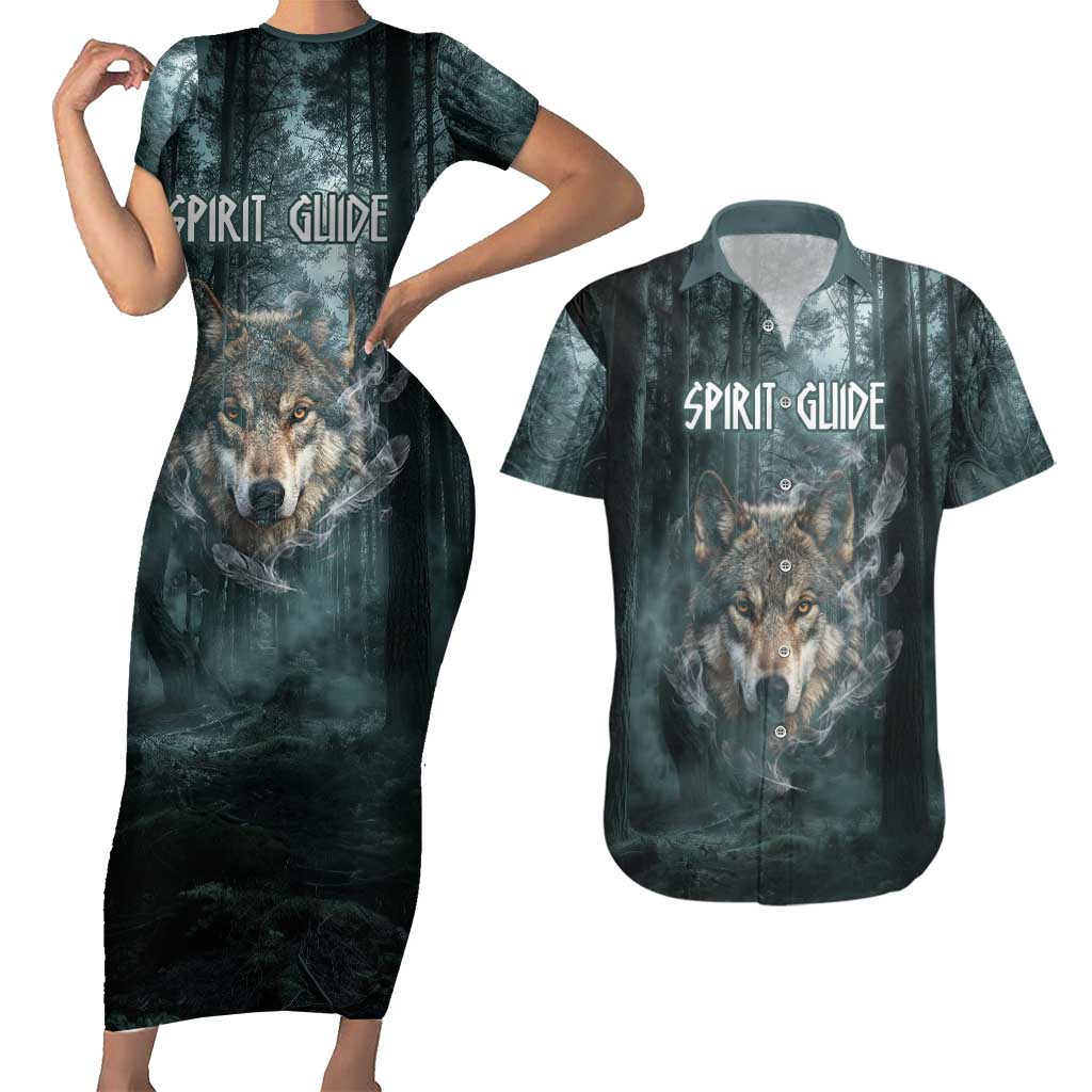 Spirit Guide Wolf Couples Matching Short Sleeve Bodycon Dress and Hawaiian Shirt with Forest Background Tribal Paw Print with Nature Symbols Native American - Wonder Print Shop