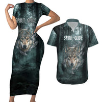 Spirit Guide Wolf Couples Matching Short Sleeve Bodycon Dress and Hawaiian Shirt with Forest Background Tribal Paw Print with Nature Symbols Native American - Wonder Print Shop