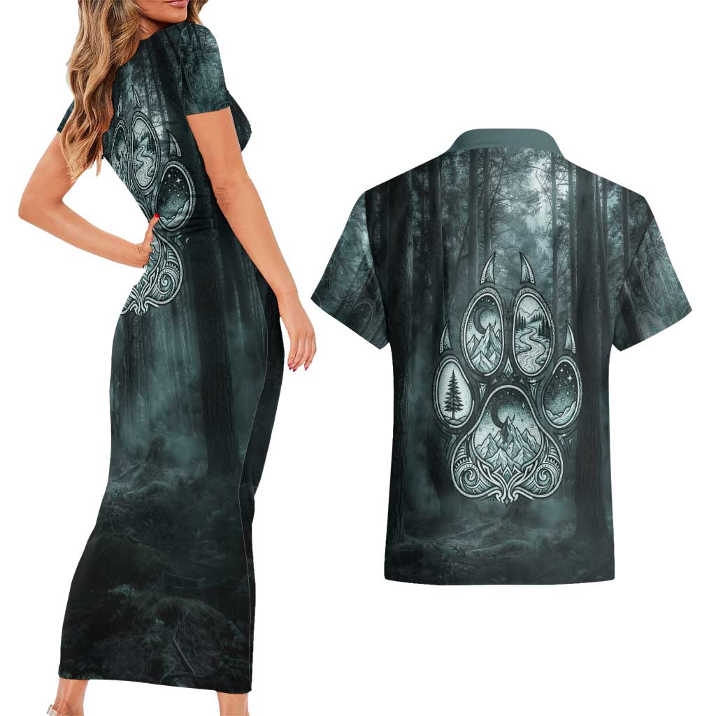 Spirit Guide Wolf Couples Matching Short Sleeve Bodycon Dress and Hawaiian Shirt with Forest Background Tribal Paw Print with Nature Symbols Native American - Wonder Print Shop