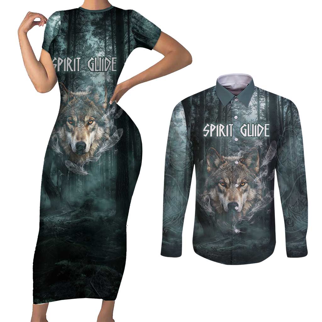 Spirit Guide Wolf Couples Matching Short Sleeve Bodycon Dress and Long Sleeve Button Shirt with Forest Background Tribal Paw Print with Nature Symbols Native American - Wonder Print Shop