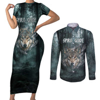 Spirit Guide Wolf Couples Matching Short Sleeve Bodycon Dress and Long Sleeve Button Shirt with Forest Background Tribal Paw Print with Nature Symbols Native American - Wonder Print Shop