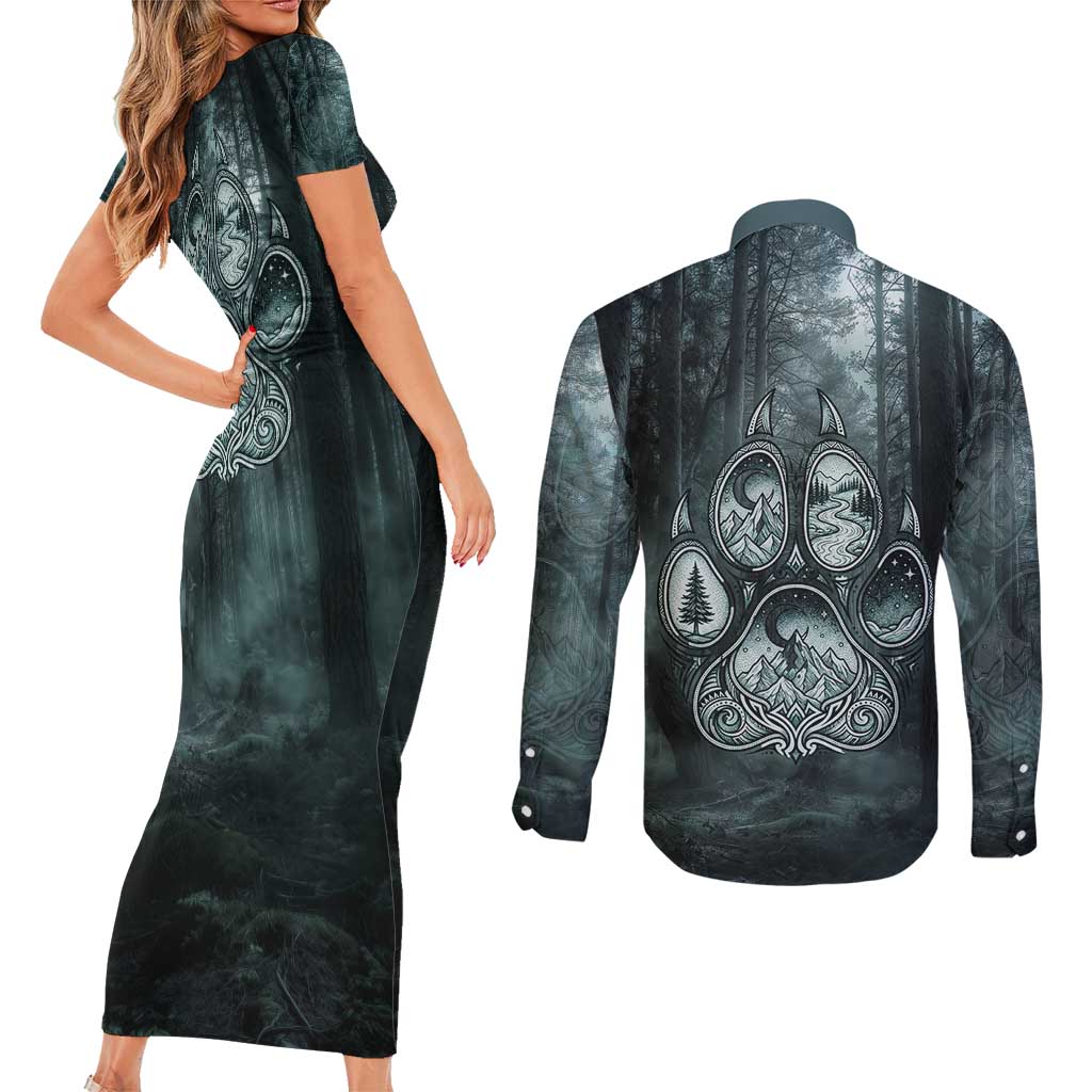 Spirit Guide Wolf Couples Matching Short Sleeve Bodycon Dress and Long Sleeve Button Shirt with Forest Background Tribal Paw Print with Nature Symbols Native American - Wonder Print Shop