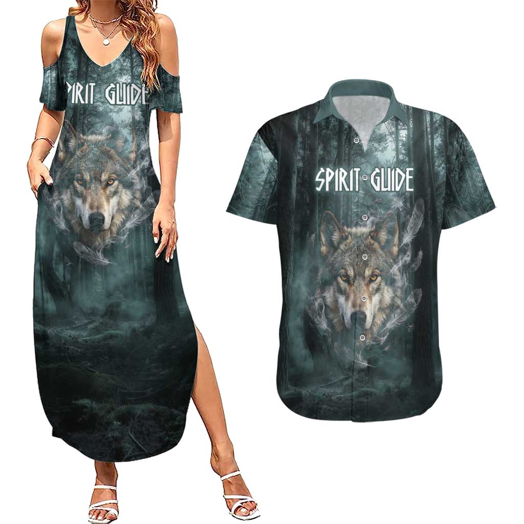 Spirit Guide Wolf Couples Matching Summer Maxi Dress and Hawaiian Shirt with Forest Background Tribal Paw Print with Nature Symbols Native American - Wonder Print Shop
