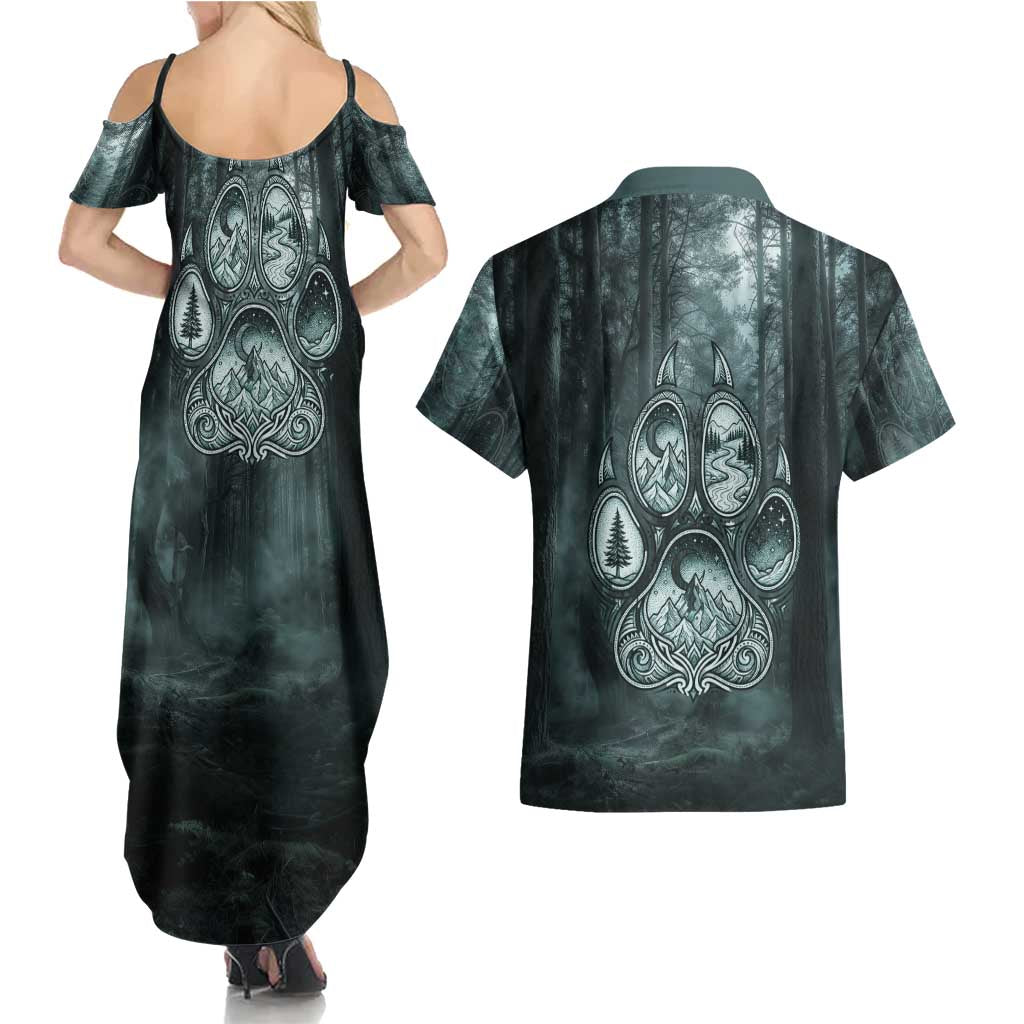 Spirit Guide Wolf Couples Matching Summer Maxi Dress and Hawaiian Shirt with Forest Background Tribal Paw Print with Nature Symbols Native American - Wonder Print Shop