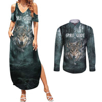 Spirit Guide Wolf Couples Matching Summer Maxi Dress and Long Sleeve Button Shirt with Forest Background Tribal Paw Print with Nature Symbols Native American - Wonder Print Shop