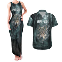 Spirit Guide Wolf Couples Matching Tank Maxi Dress and Hawaiian Shirt with Forest Background Tribal Paw Print with Nature Symbols Native American - Wonder Print Shop
