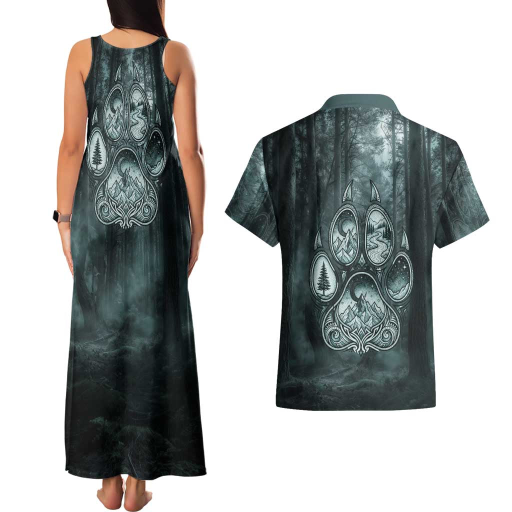 Spirit Guide Wolf Couples Matching Tank Maxi Dress and Hawaiian Shirt with Forest Background Tribal Paw Print with Nature Symbols Native American - Wonder Print Shop