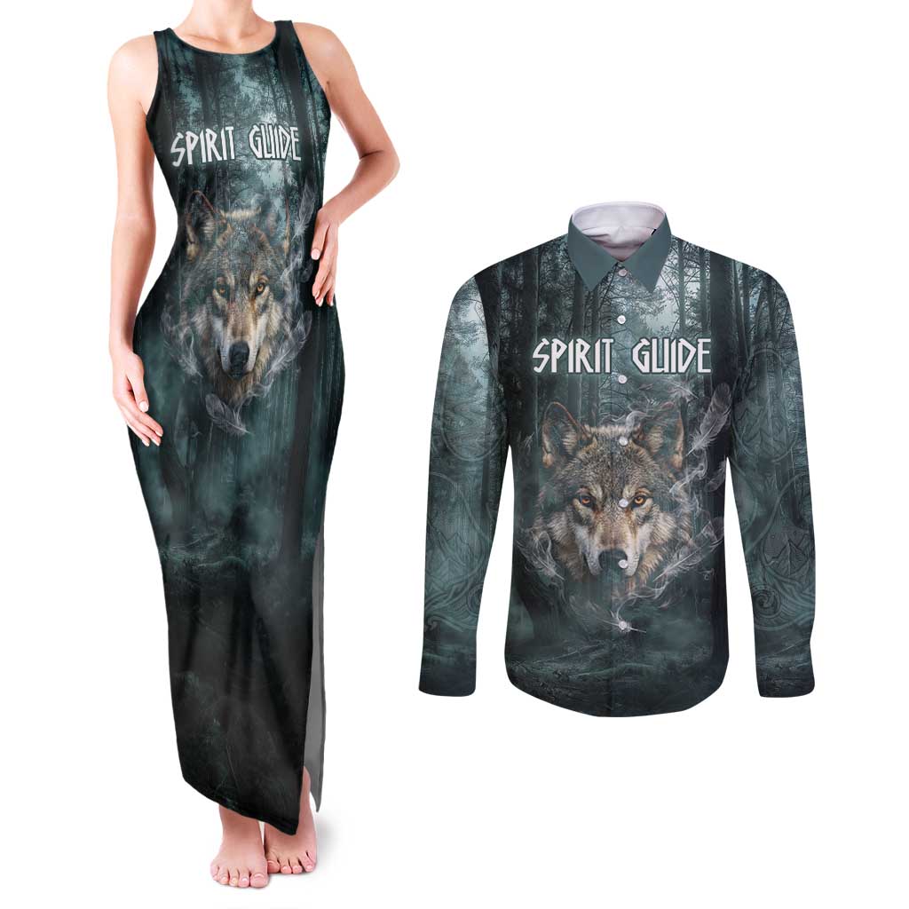 Spirit Guide Wolf Couples Matching Tank Maxi Dress and Long Sleeve Button Shirt with Forest Background Tribal Paw Print with Nature Symbols Native American - Wonder Print Shop