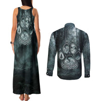 Spirit Guide Wolf Couples Matching Tank Maxi Dress and Long Sleeve Button Shirt with Forest Background Tribal Paw Print with Nature Symbols Native American - Wonder Print Shop