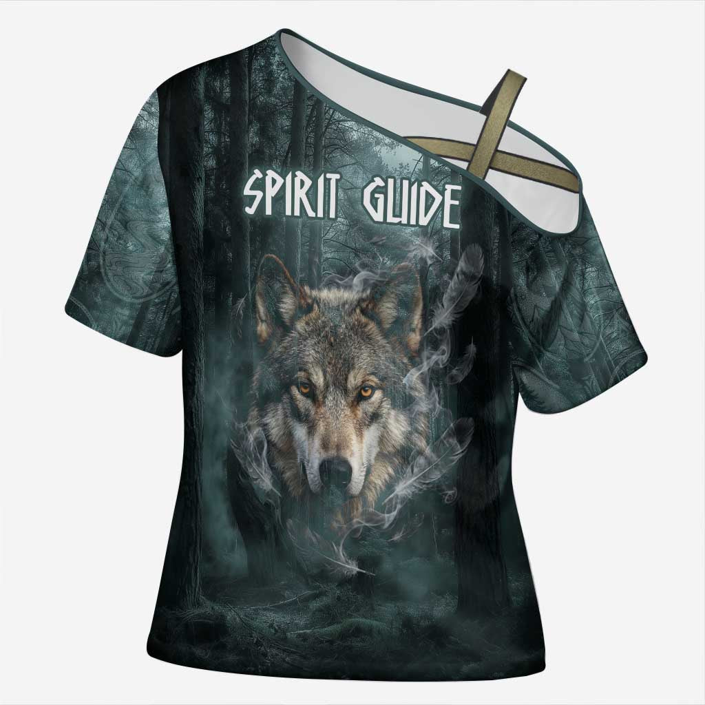 Spirit Guide Wolf Cross Shoulder Shirt with Forest Background Tribal Paw Print with Nature Symbols Native American - Wonder Print Shop