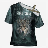 Spirit Guide Wolf Cross Shoulder Shirt with Forest Background Tribal Paw Print with Nature Symbols Native American - Wonder Print Shop