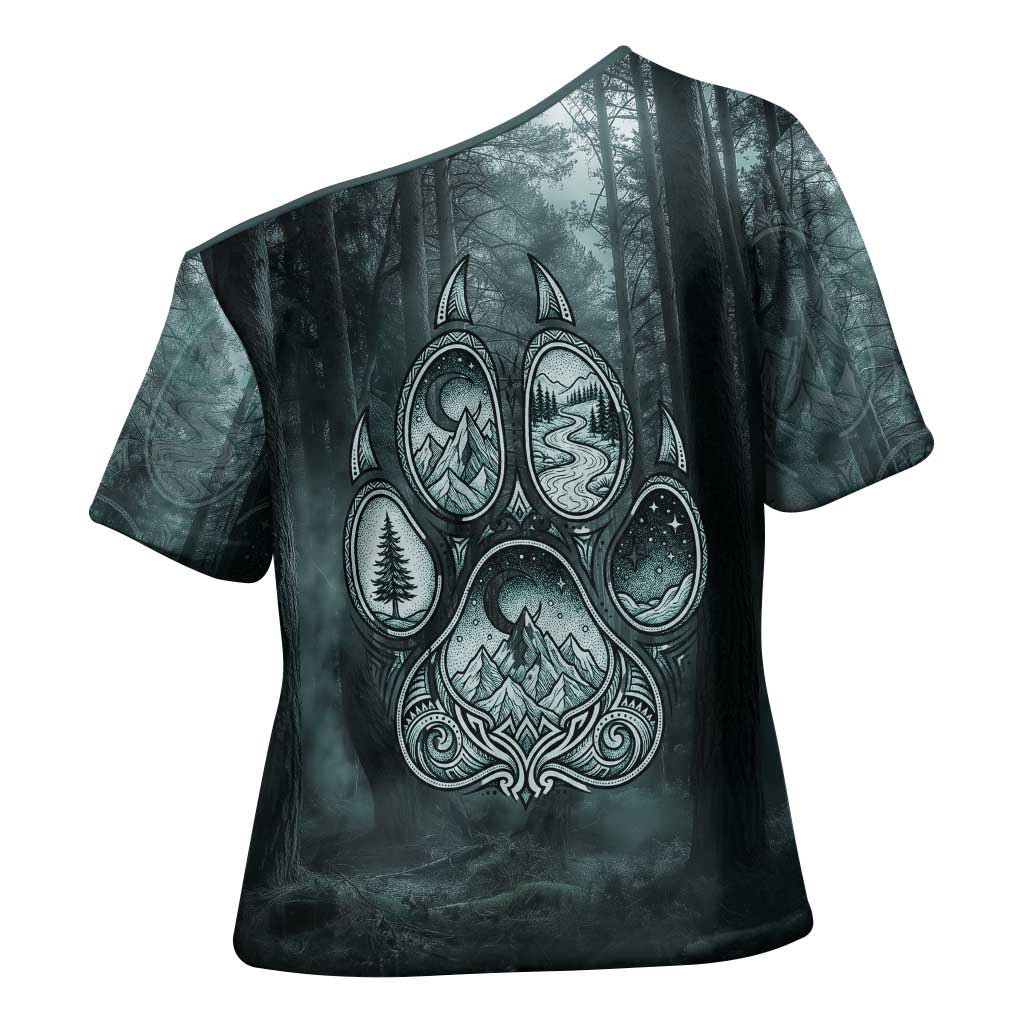 Spirit Guide Wolf Cross Shoulder Shirt with Forest Background Tribal Paw Print with Nature Symbols Native American - Wonder Print Shop