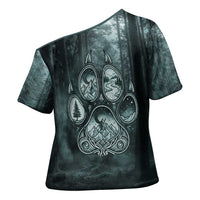 Spirit Guide Wolf Cross Shoulder Shirt with Forest Background Tribal Paw Print with Nature Symbols Native American - Wonder Print Shop