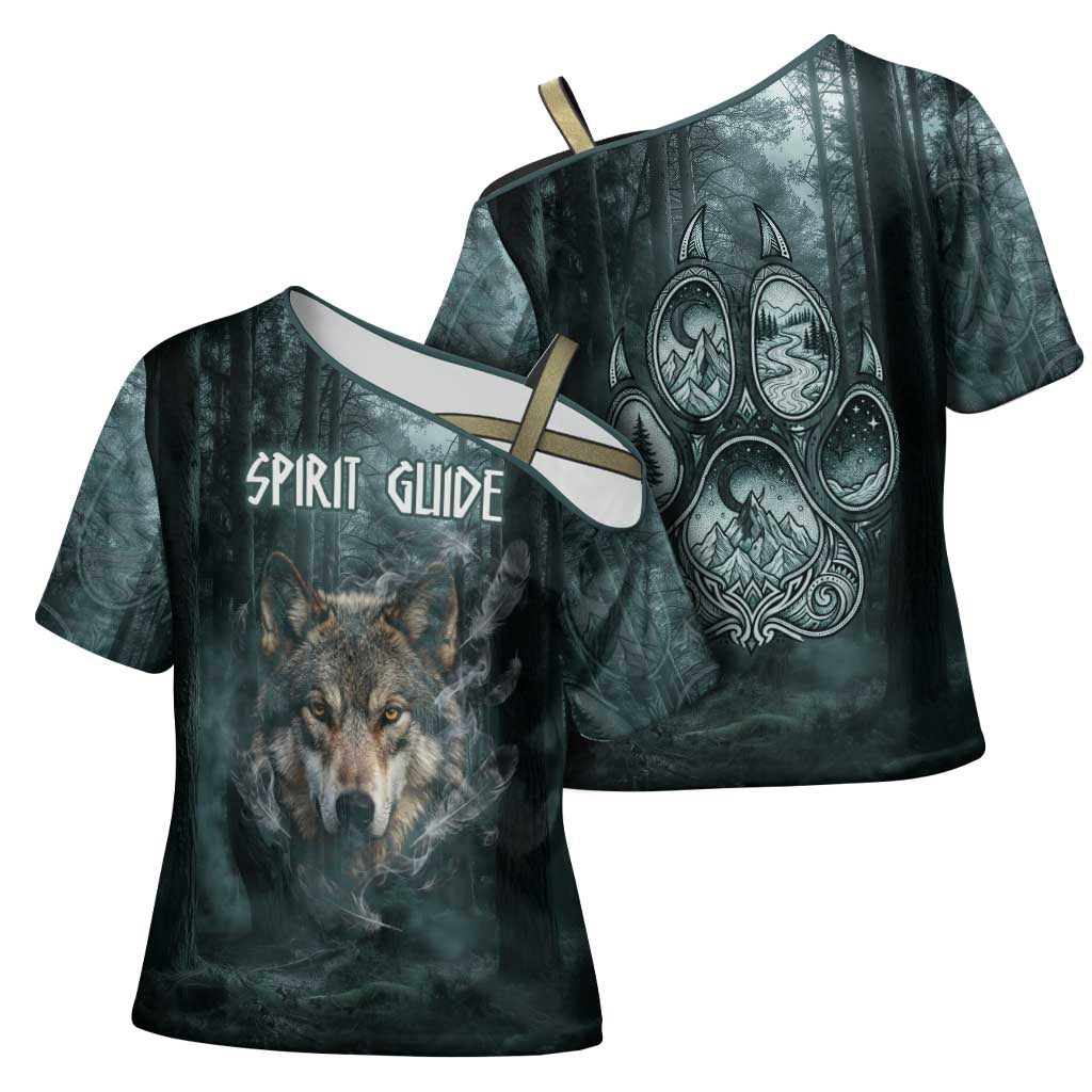 Spirit Guide Wolf Cross Shoulder Shirt with Forest Background Tribal Paw Print with Nature Symbols Native American - Wonder Print Shop