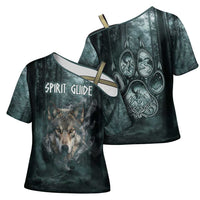 Spirit Guide Wolf Cross Shoulder Shirt with Forest Background Tribal Paw Print with Nature Symbols Native American - Wonder Print Shop