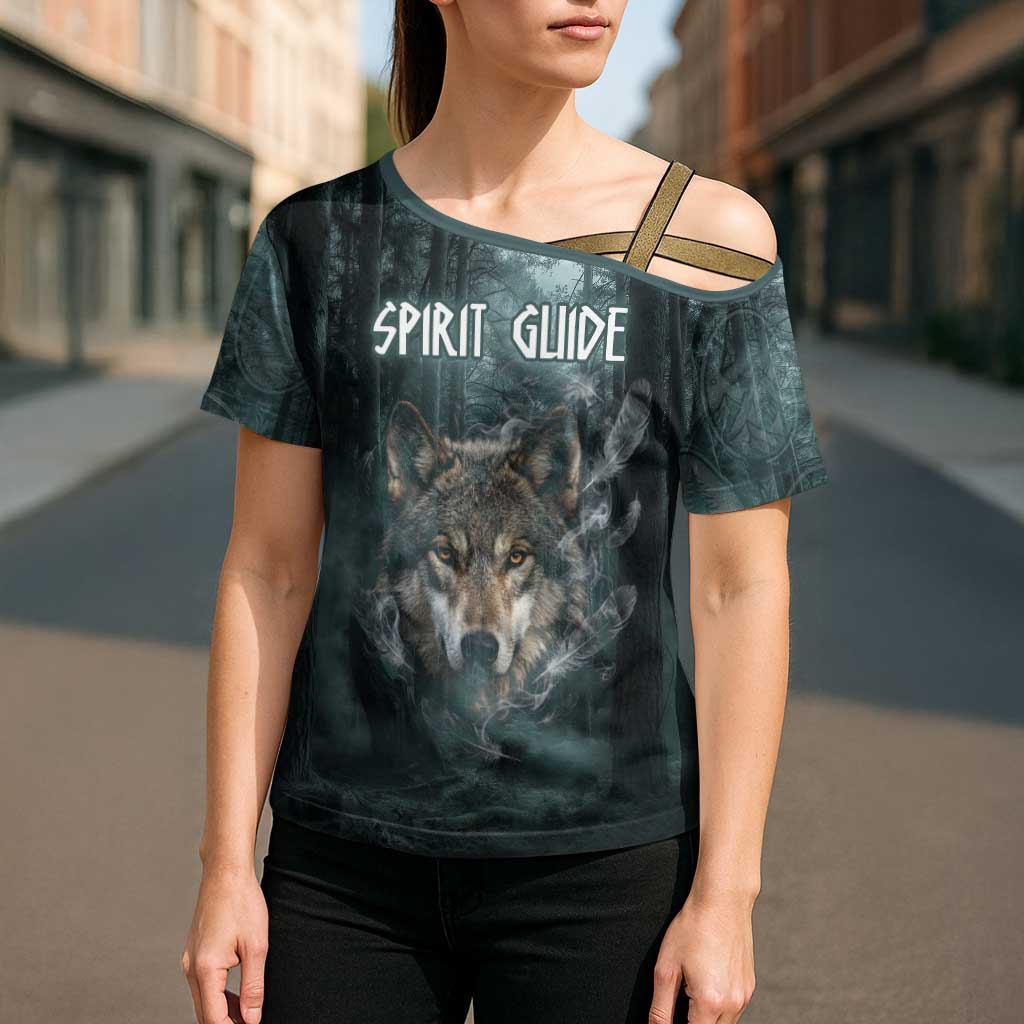 Spirit Guide Wolf Cross Shoulder Shirt with Forest Background Tribal Paw Print with Nature Symbols Native American - Wonder Print Shop