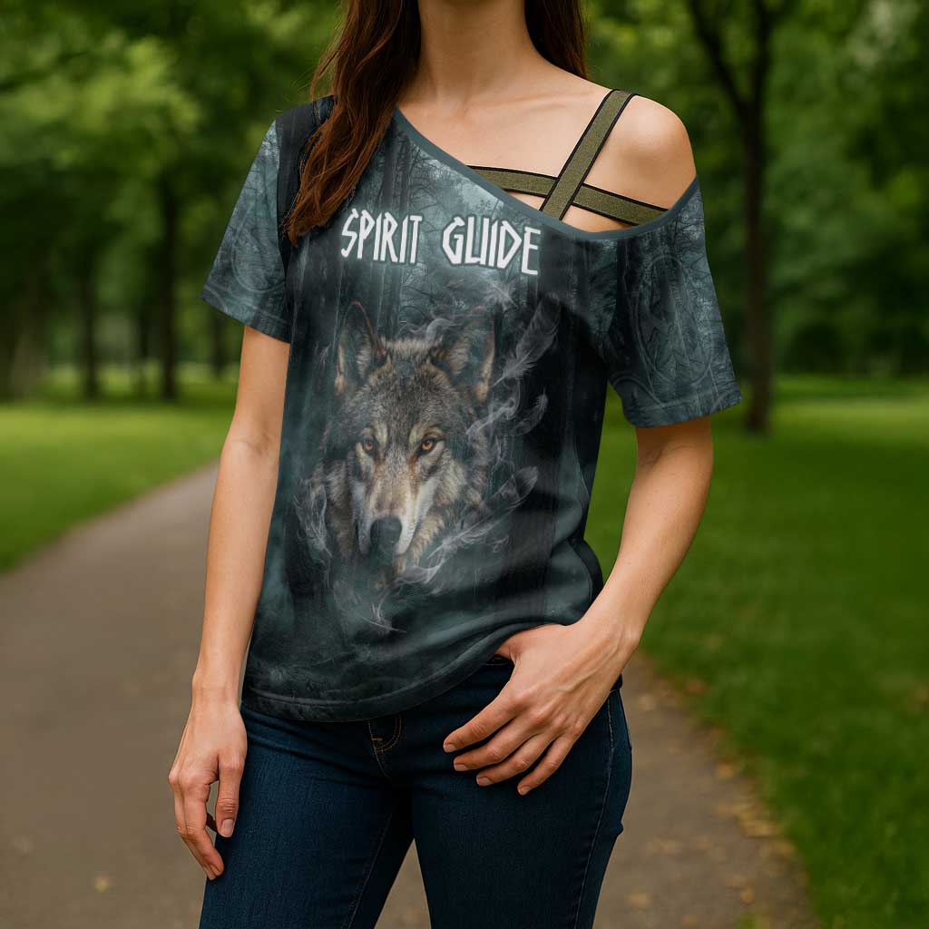 Spirit Guide Wolf Cross Shoulder Shirt with Forest Background Tribal Paw Print with Nature Symbols Native American - Wonder Print Shop