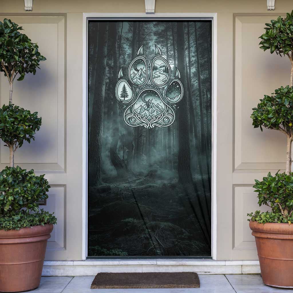 Spirit Guide Wolf Door Cover with Forest Background Tribal Paw Print with Nature Symbols Native American - Wonder Print Shop