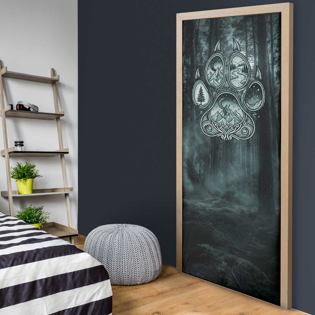 Spirit Guide Wolf Door Cover with Forest Background Tribal Paw Print with Nature Symbols Native American - Wonder Print Shop