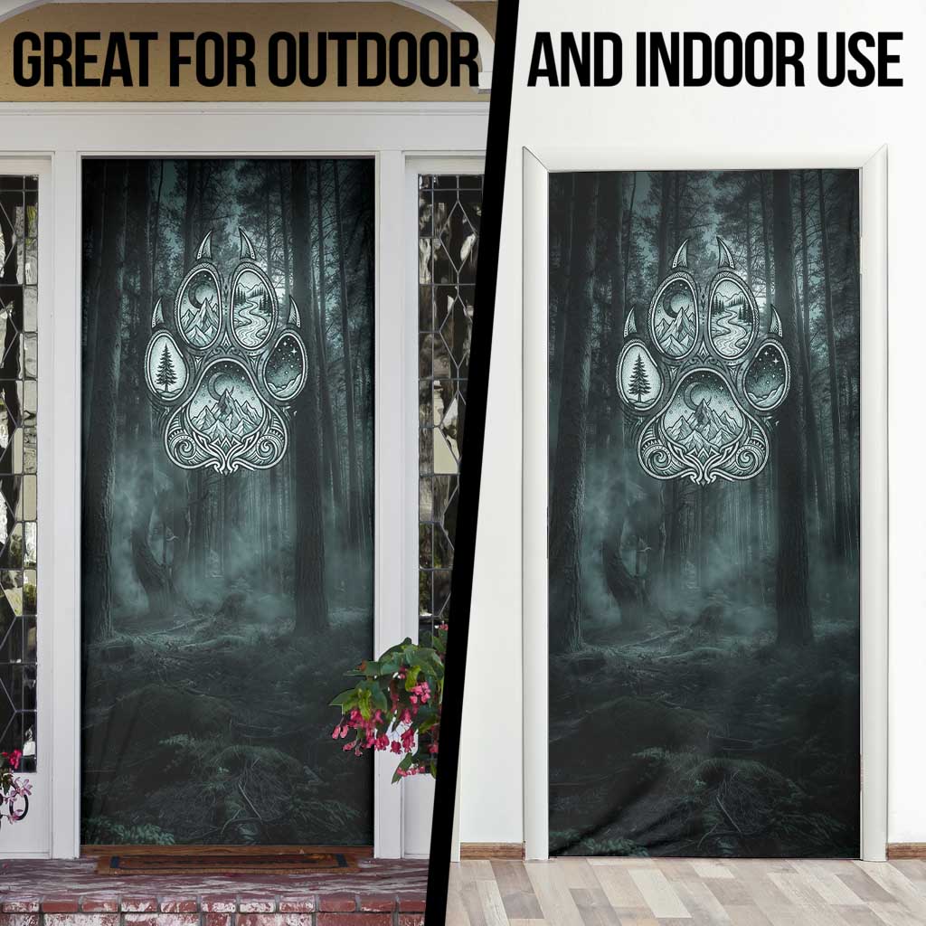 Spirit Guide Wolf Door Cover with Forest Background Tribal Paw Print with Nature Symbols Native American - Wonder Print Shop