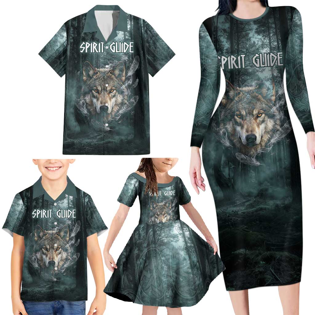Spirit Guide Wolf Family Matching Long Sleeve Bodycon Dress and Hawaiian Shirt with Forest Background Tribal Paw Print with Nature Symbols Native American - Wonder Print Shop