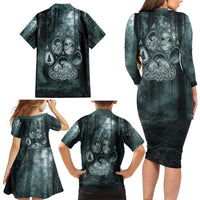 Spirit Guide Wolf Family Matching Long Sleeve Bodycon Dress and Hawaiian Shirt with Forest Background Tribal Paw Print with Nature Symbols Native American - Wonder Print Shop