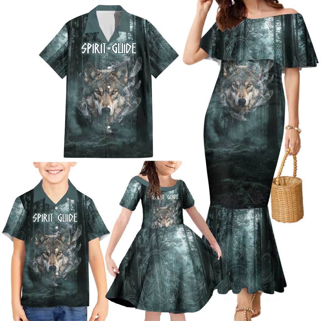 Spirit Guide Wolf Family Matching Mermaid Dress and Hawaiian Shirt with Forest Background Tribal Paw Print with Nature Symbols Native American - Wonder Print Shop