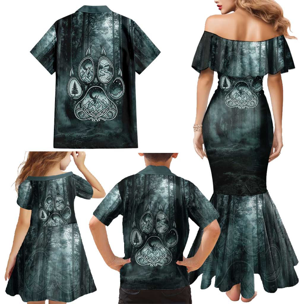 Spirit Guide Wolf Family Matching Mermaid Dress and Hawaiian Shirt with Forest Background Tribal Paw Print with Nature Symbols Native American - Wonder Print Shop
