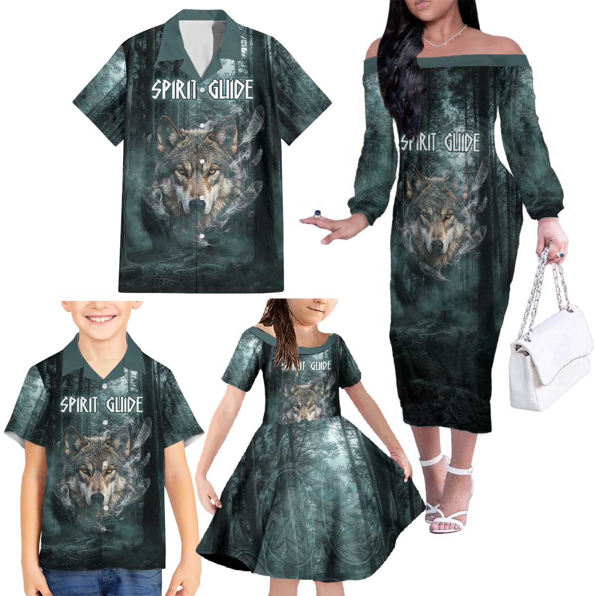 Spirit Guide Wolf Family Matching Off The Shoulder Long Sleeve Dress and Hawaiian Shirt with Forest Background Tribal Paw Print with Nature Symbols Native American - Wonder Print Shop