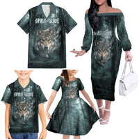 Spirit Guide Wolf Family Matching Off The Shoulder Long Sleeve Dress and Hawaiian Shirt with Forest Background Tribal Paw Print with Nature Symbols Native American - Wonder Print Shop