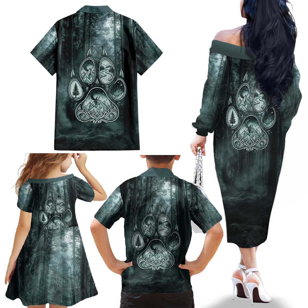 Spirit Guide Wolf Family Matching Off The Shoulder Long Sleeve Dress and Hawaiian Shirt with Forest Background Tribal Paw Print with Nature Symbols Native American - Wonder Print Shop