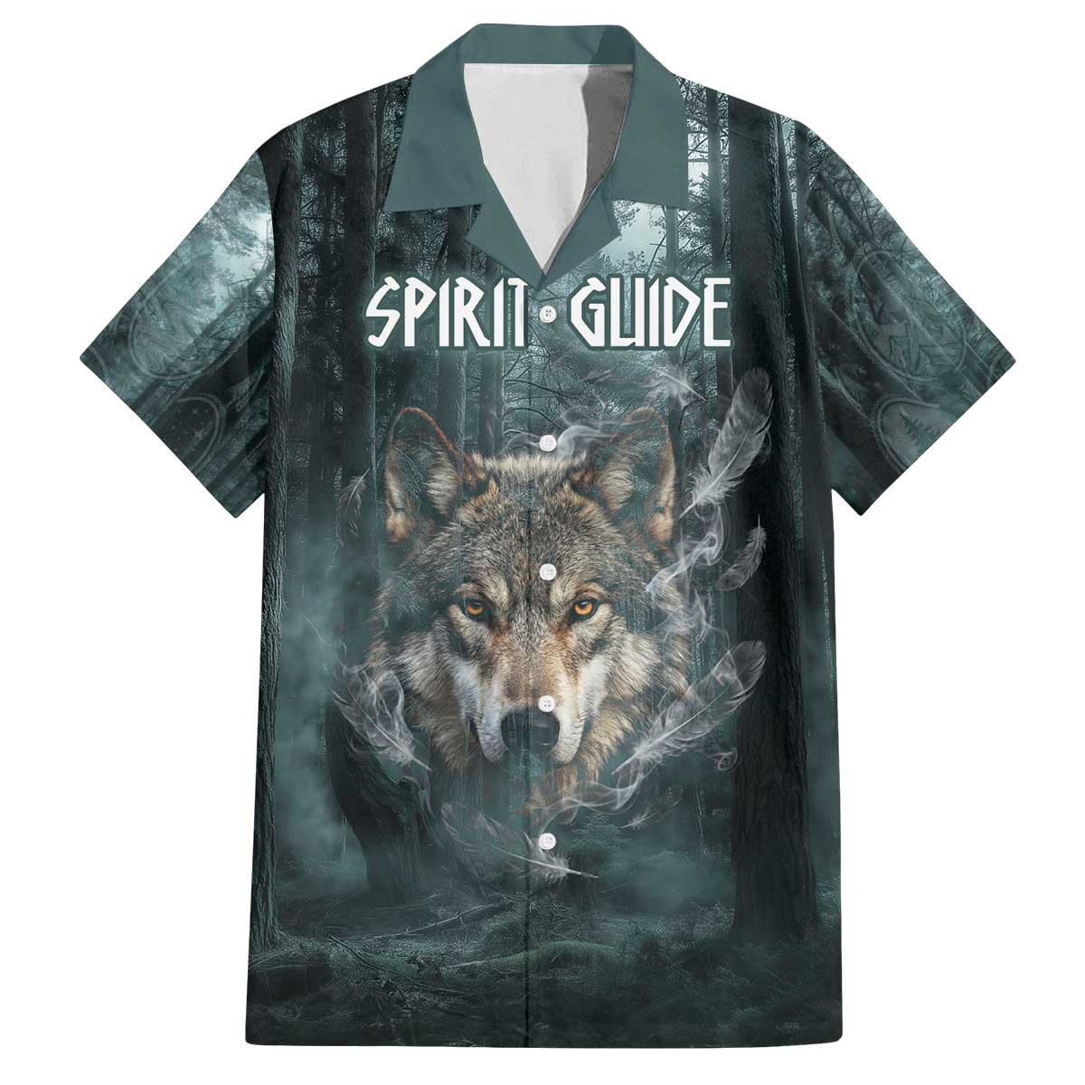 Spirit Guide Wolf Family Matching Off The Shoulder Long Sleeve Dress and Hawaiian Shirt with Forest Background Tribal Paw Print with Nature Symbols Native American - Wonder Print Shop