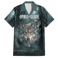 Spirit Guide Wolf Family Matching Off The Shoulder Long Sleeve Dress and Hawaiian Shirt with Forest Background Tribal Paw Print with Nature Symbols Native American - Wonder Print Shop