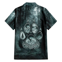 Spirit Guide Wolf Family Matching Off The Shoulder Long Sleeve Dress and Hawaiian Shirt with Forest Background Tribal Paw Print with Nature Symbols Native American - Wonder Print Shop
