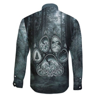 Spirit Guide Wolf Family Matching Off The Shoulder Long Sleeve Dress and Hawaiian Shirt with Forest Background Tribal Paw Print with Nature Symbols Native American - Wonder Print Shop