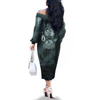 Spirit Guide Wolf Family Matching Off The Shoulder Long Sleeve Dress and Hawaiian Shirt with Forest Background Tribal Paw Print with Nature Symbols Native American - Wonder Print Shop