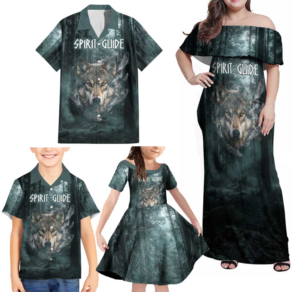 Spirit Guide Wolf Family Matching Off Shoulder Maxi Dress and Hawaiian Shirt with Forest Background Tribal Paw Print with Nature Symbols Native American - Wonder Print Shop