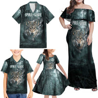 Spirit Guide Wolf Family Matching Off Shoulder Maxi Dress and Hawaiian Shirt with Forest Background Tribal Paw Print with Nature Symbols Native American - Wonder Print Shop