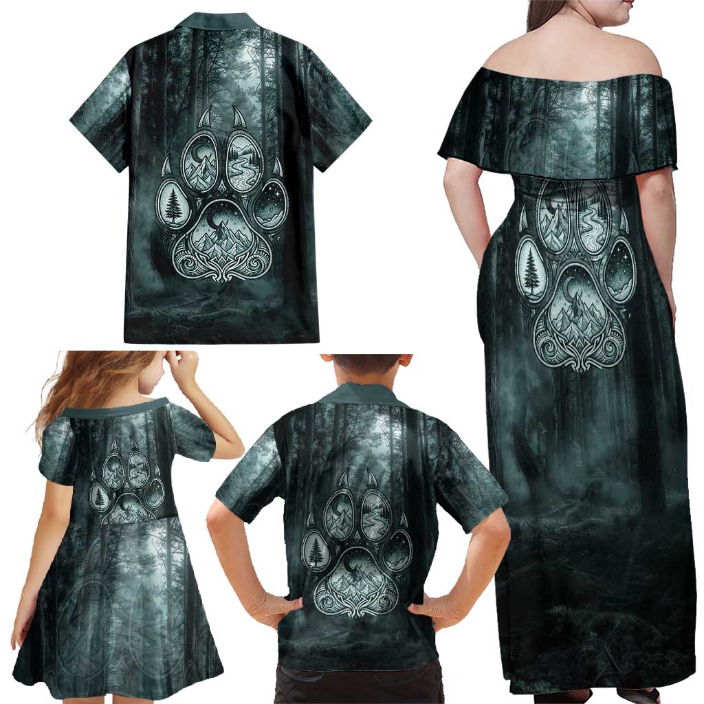 Spirit Guide Wolf Family Matching Off Shoulder Maxi Dress and Hawaiian Shirt with Forest Background Tribal Paw Print with Nature Symbols Native American - Wonder Print Shop