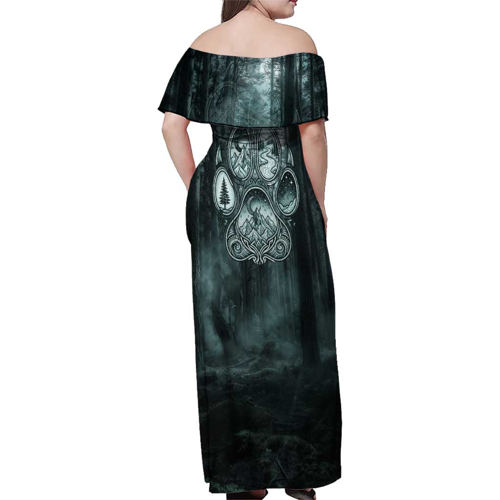 Spirit Guide Wolf Family Matching Off Shoulder Maxi Dress and Hawaiian Shirt with Forest Background Tribal Paw Print with Nature Symbols Native American - Wonder Print Shop