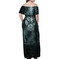 Spirit Guide Wolf Family Matching Off Shoulder Maxi Dress and Hawaiian Shirt with Forest Background Tribal Paw Print with Nature Symbols Native American - Wonder Print Shop